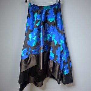 Abbey Glass Blue‎ Teal Floral Print High Low Midi Skirt Size L